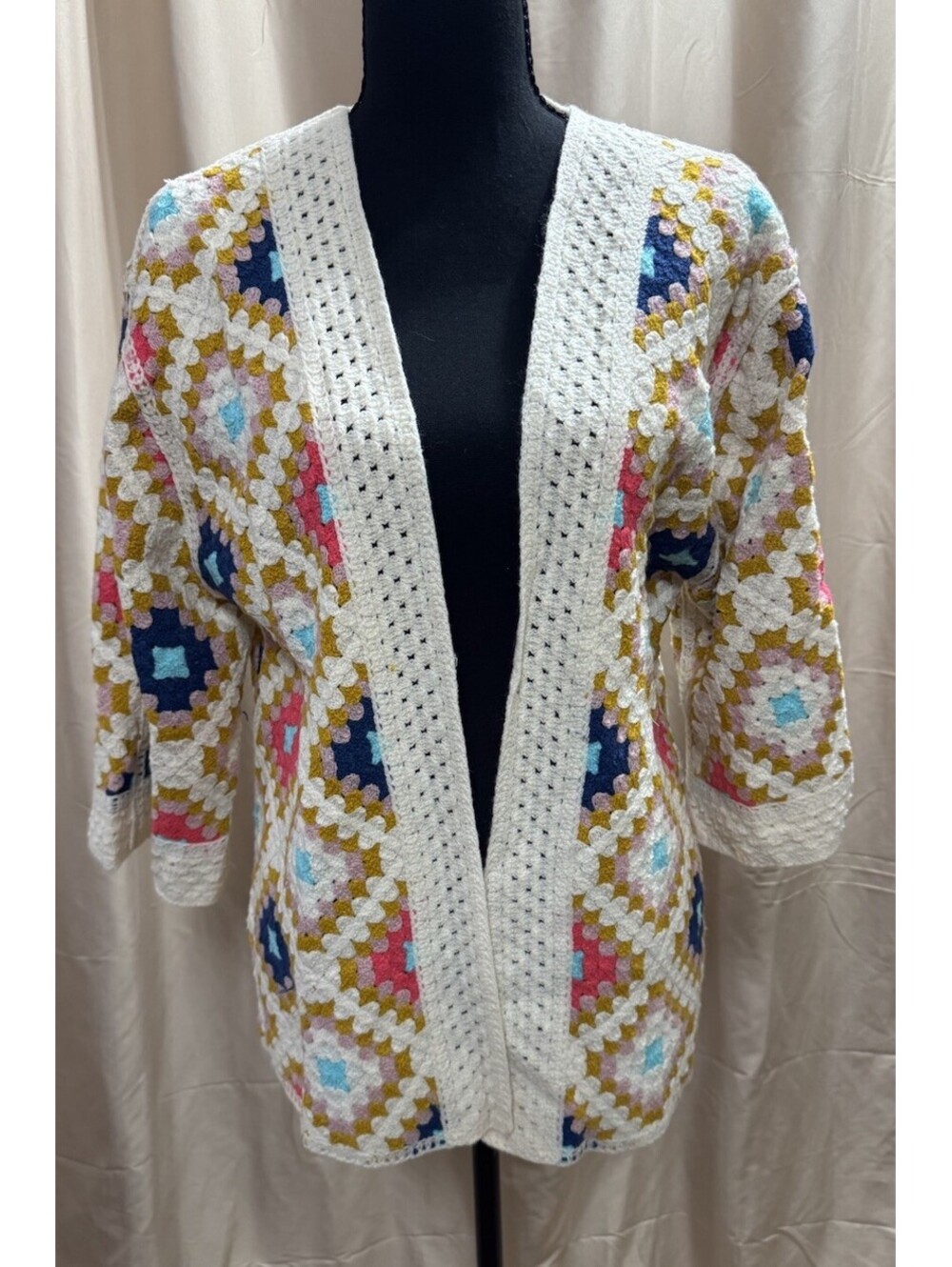 AZ Granny Square Crochet Cardigan Women M Multicolor Boho Open Front Sweater - Picture 2 of 13